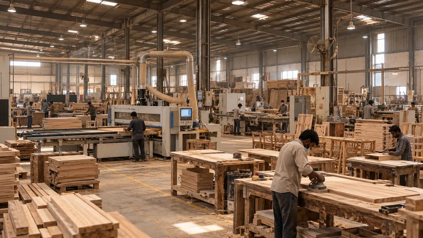 Craftsmen planing and machining timber on the workshop floor